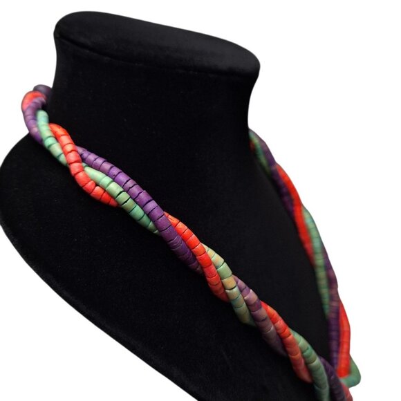 Wooden Necklace 24 Inch Vintage Handmade Tube Beads Triple Strand Hook Clasp - Picture 2 of 10